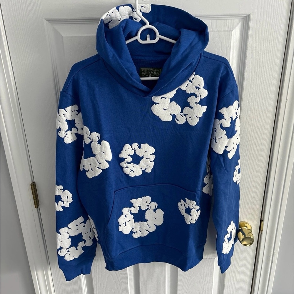Blue Hoodie with White Floral Print - Men's Pullover Sweatshirt